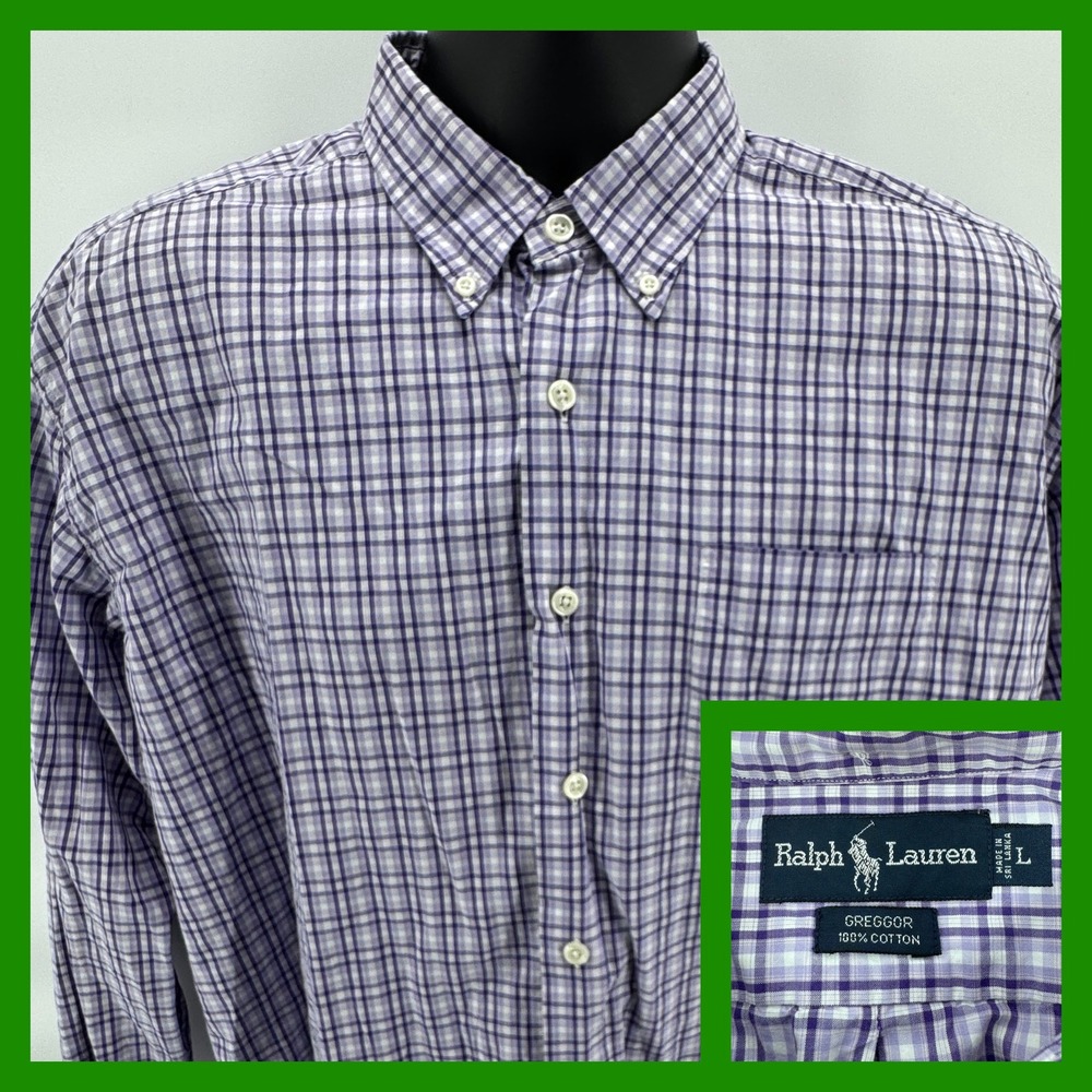 Ralph Lauren Greggor Shirt Mens L Purple Plaid Button Down Cotton Long Sleeve